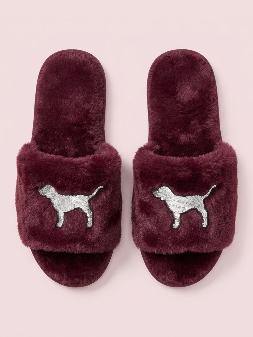 PINK by Victoria's Secret Dog Logo Burgundy Plush Slippers